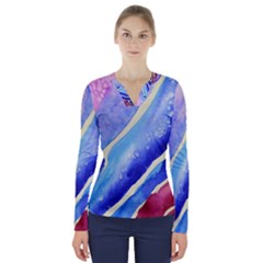 Painting-abstract-blue-pink-spots V-neck Long Sleeve Top