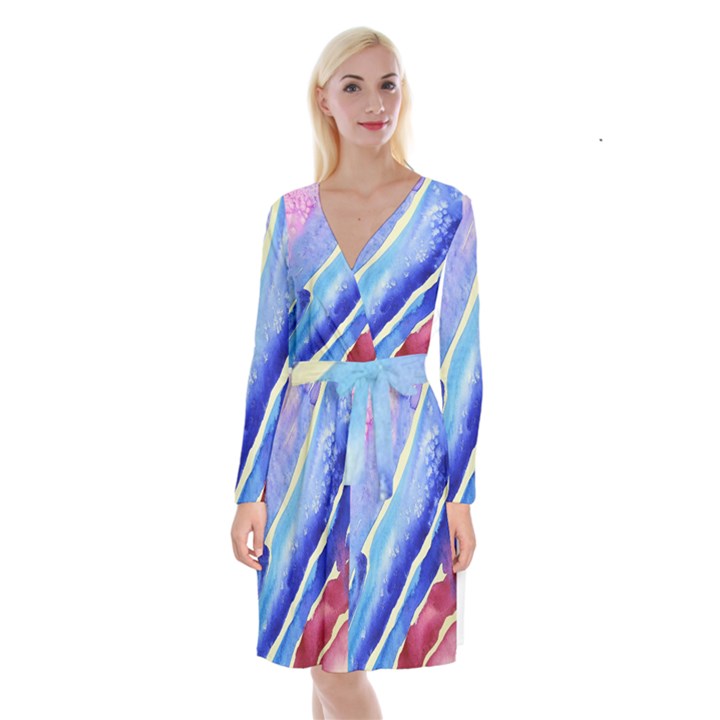 Painting-abstract-blue-pink-spots Long Sleeve Velvet Front Wrap Dress