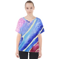 Painting-abstract-blue-pink-spots V-neck Dolman Drape Top by Jancukart