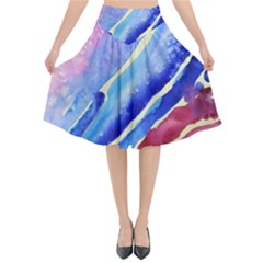 Painting-abstract-blue-pink-spots Flared Midi Skirt by Jancukart