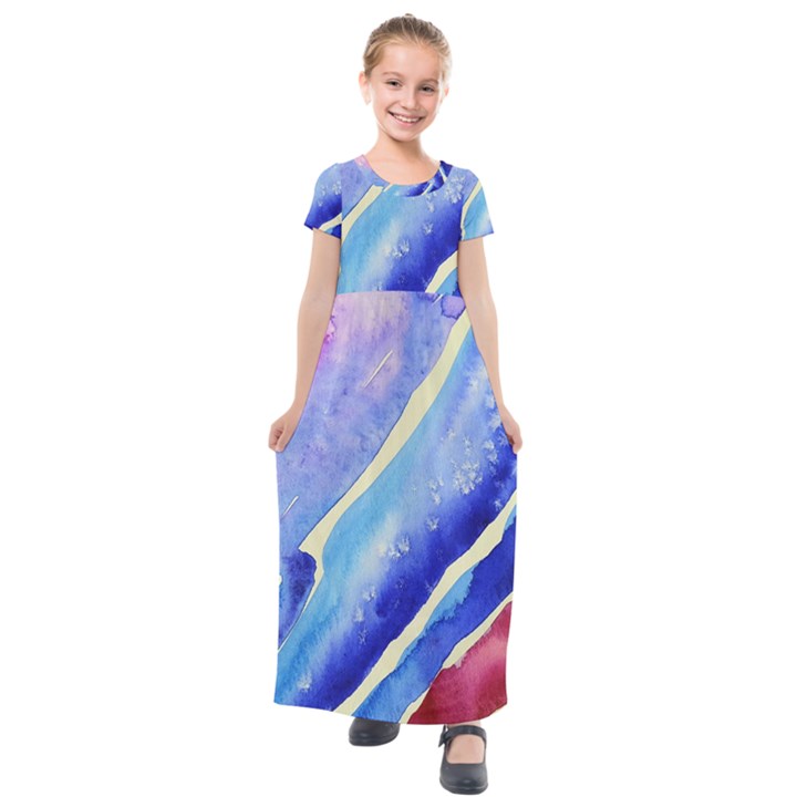 Painting-abstract-blue-pink-spots Kids  Short Sleeve Maxi Dress