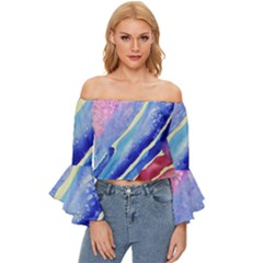 Painting-abstract-blue-pink-spots Off Shoulder Flutter Bell Sleeve Top