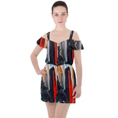 Art-modern-painting-background Ruffle Cut Out Chiffon Playsuit