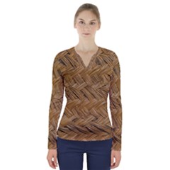 Esparto-tissue-braided-texture V-neck Long Sleeve Top