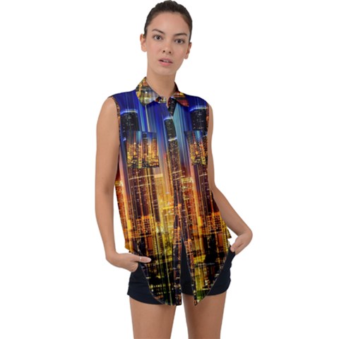 Skyline-light-rays-gloss-upgrade Sleeveless Chiffon Button Shirt by Jancukart