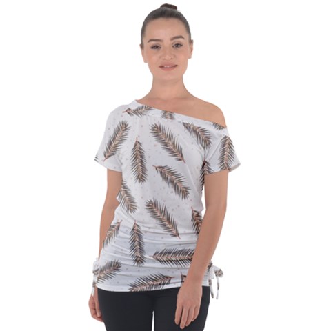 Christmas-seamless-pattern-with-gold-fir-branches Off Shoulder Tie-up Tee by nate14shop