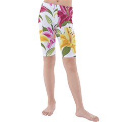 Lily-flower-seamless-pattern-white-background 001 Kids  Mid Length Swim Shorts by nate14shop