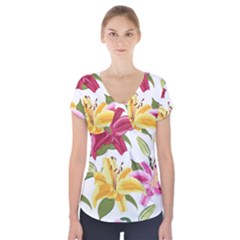 Lily-flower-seamless-pattern-white-background 001 Short Sleeve Front Detail Top by nate14shop