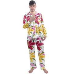 Lily-flower-seamless-pattern-white-background 001 Men s Long Sleeve Satin Pajamas Set by nate14shop