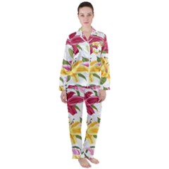 Lily-flower-seamless-pattern-white-background 001 Satin Long Sleeve Pajamas Set by nate14shop