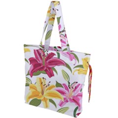 Lily-flower-seamless-pattern-white-background 001 Drawstring Tote Bag by nate14shop