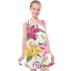 Lily-flower-seamless-pattern-white-background 001 Kids  Cross Back Dress by nate14shop