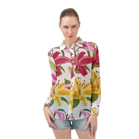 Lily-flower-seamless-pattern-white-background 001 Long Sleeve Chiffon Shirt by nate14shop