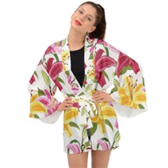 Lily-flower-seamless-pattern-white-background 001 Long Sleeve Kimono by nate14shop