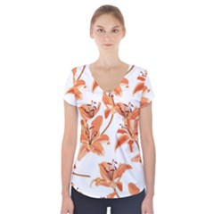 Lily-flower-seamless-pattern-white-background Short Sleeve Front Detail Top by nate14shop