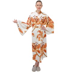 Lily-flower-seamless-pattern-white-background Maxi Velour Kimono by nate14shop