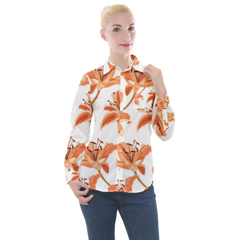 Lily-flower-seamless-pattern-white-background Women s Long Sleeve Pocket Shirt by nate14shop