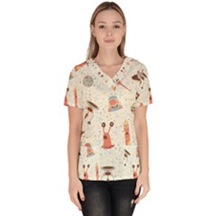 Seamless-background-with-spaceships-stars Women s V-neck Scrub Top