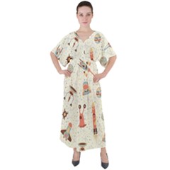 Seamless-background-with-spaceships-stars V-neck Boho Style Maxi Dress by nate14shop