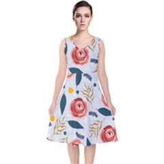 Seamless-floral-pattern V-neck Midi Sleeveless Dress  by nate14shop