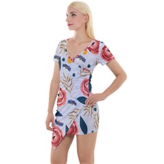 Seamless-floral-pattern Short Sleeve Asymmetric Mini Dress by nate14shop