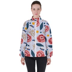 Seamless-floral-pattern Women s High Neck Windbreaker by nate14shop