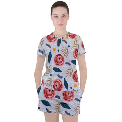 Seamless-floral-pattern Women s Tee And Shorts Set by nate14shop