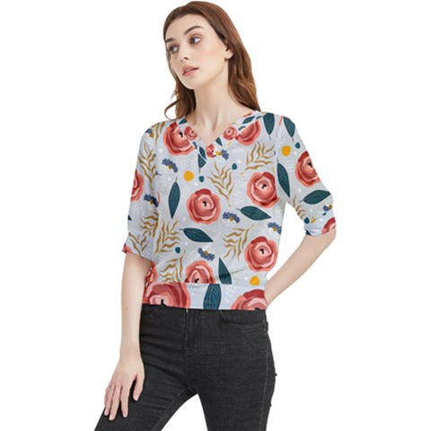 Seamless-floral-pattern Quarter Sleeve Blouse by nate14shop