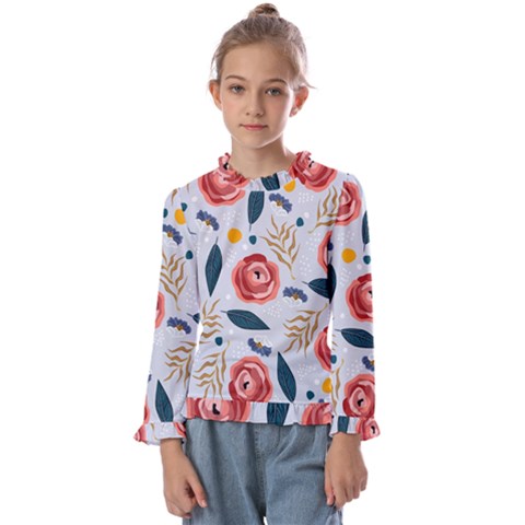 Seamless-floral-pattern Kids  Frill Detail Tee by nate14shop