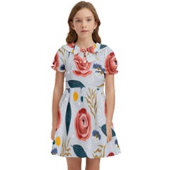 Seamless-floral-pattern Kids  Bow Tie Puff Sleeve Dress by nate14shop