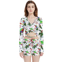 Seamless-pattern-with-parrot Velvet Wrap Crop Top And Shorts Set by nate14shop