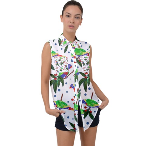 Seamless-pattern-with-parrot Sleeveless Chiffon Button Shirt by nate14shop