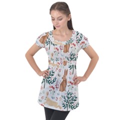 Seamless-pattern-with-rabbit Puff Sleeve Tunic Top