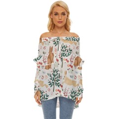 Seamless-pattern-with-rabbit Off Shoulder Chiffon Pocket Shirt by nate14shop