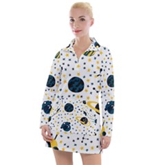 Seamless-pattern-with-spaceships-stars 002 Women s Long Sleeve Casual Dress