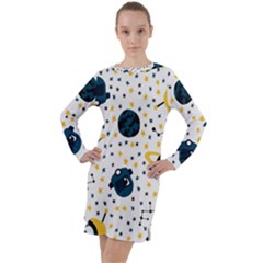 Seamless-pattern-with-spaceships-stars 002 Long Sleeve Hoodie Dress