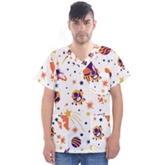 Seamless-pattern-with-spaceships-stars 005 Men s V-neck Scrub Top