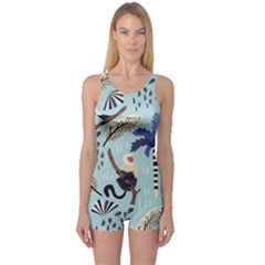 Tropical-leaves-seamless-pattern-with-monkey One Piece Boyleg Swimsuit by nate14shop