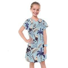 Tropical-leaves-seamless-pattern-with-monkey Kids  Drop Waist Dress by nate14shop