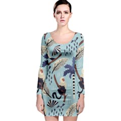 Tropical-leaves-seamless-pattern-with-monkey Long Sleeve Bodycon Dress by nate14shop