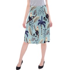 Tropical-leaves-seamless-pattern-with-monkey Midi Beach Skirt by nate14shop