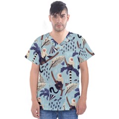 Tropical-leaves-seamless-pattern-with-monkey Men s V-neck Scrub Top