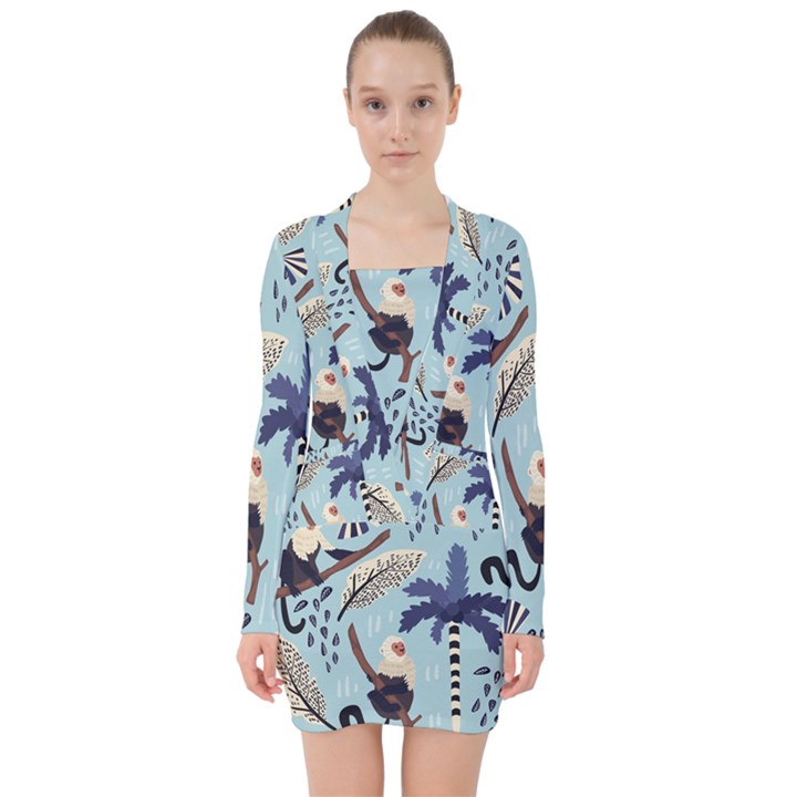 Tropical-leaves-seamless-pattern-with-monkey V-neck Bodycon Long Sleeve Dress