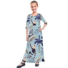 Tropical-leaves-seamless-pattern-with-monkey Kids  Quarter Sleeve Maxi Dress by nate14shop