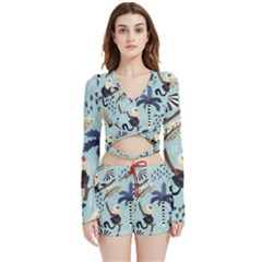 Tropical-leaves-seamless-pattern-with-monkey Velvet Wrap Crop Top And Shorts Set