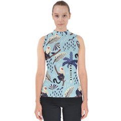 Tropical-leaves-seamless-pattern-with-monkey Mock Neck Shell Top