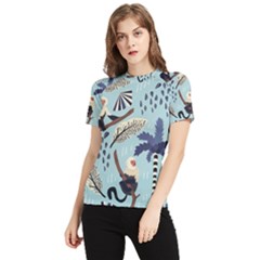 Tropical-leaves-seamless-pattern-with-monkey Women s Short Sleeve Rash Guard by nate14shop