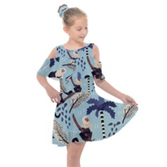 Tropical-leaves-seamless-pattern-with-monkey Kids  Shoulder Cutout Chiffon Dress