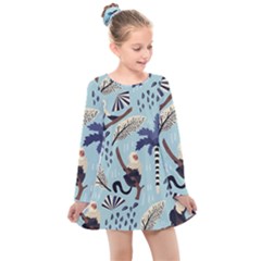 Tropical-leaves-seamless-pattern-with-monkey Kids  Long Sleeve Dress by nate14shop