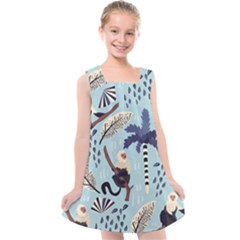 Tropical-leaves-seamless-pattern-with-monkey Kids  Cross Back Dress